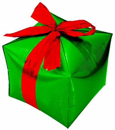 Шар 3D (28''/71 см) Куб, Подарок с бантиком, Зеленый, 1 шт.